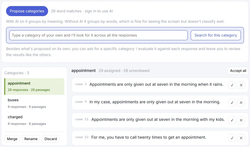 HILO without AI: three categories written by the person and searched by word, appointment (29 responses), buses (9) and charged (8), with “29 word matches · sign in to use AI”.