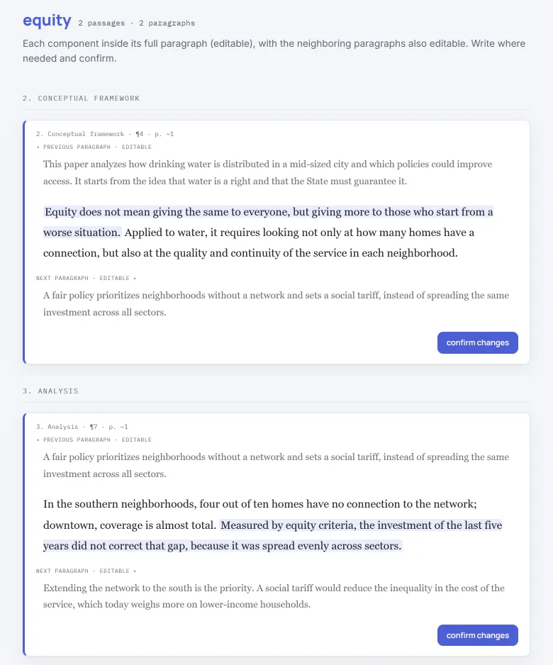 Der Begriff „equity“ (Chancengerechtigkeit), zusammengetragen in der Arbeit student-1: 2 Textstellen in 2 Absätzen, eine im theoretischen Rahmen und eine in der Analyse, jeweils mit dem vorherigen und dem folgenden Absatz und ihrer ungefähren Seite.