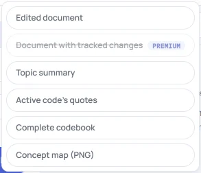 Das Menü „download“ von HILO mit „Edited document“, „Document with tracked changes“, mit der Premium-Kennzeichnung, „Topic summary“, „Active code’s quotes“, „Complete codebook“ und „Concept map (PNG)“.