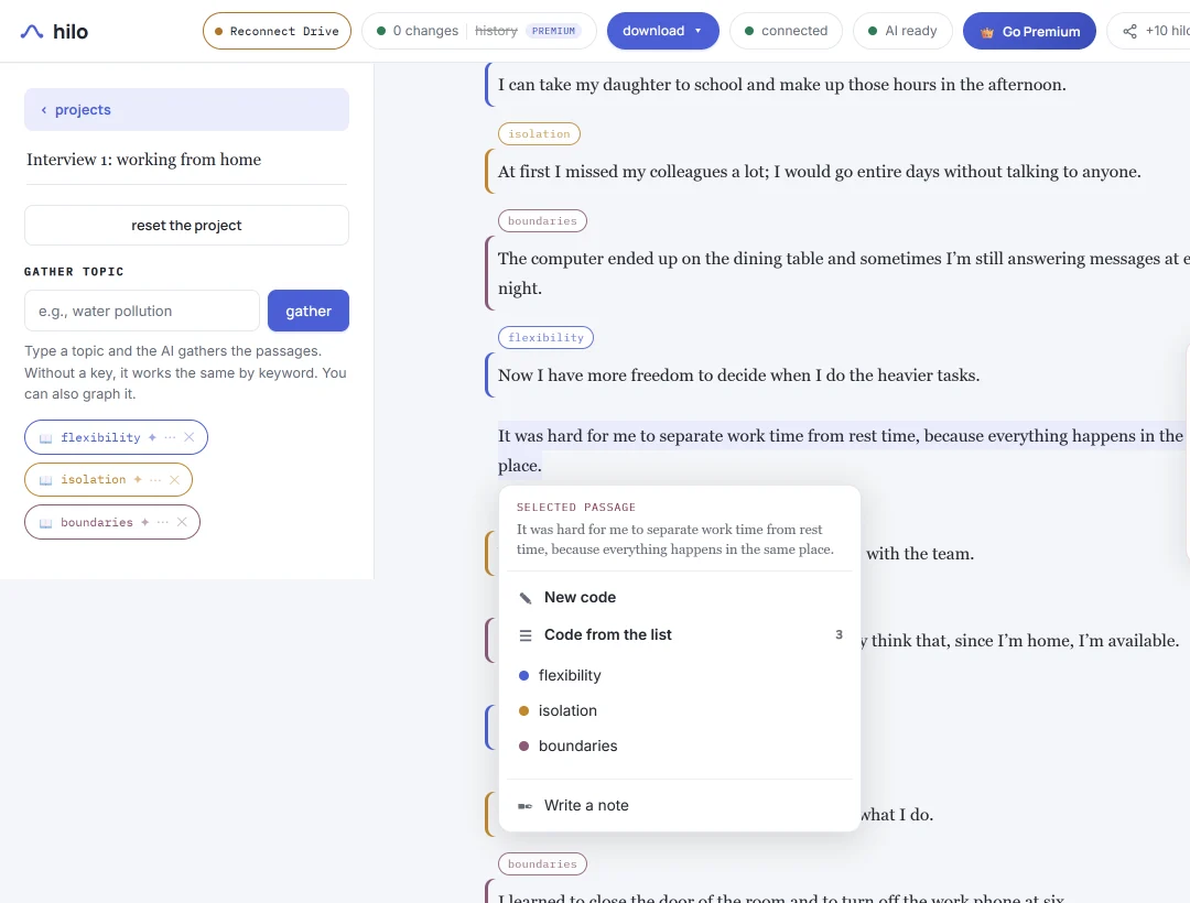 HILO screen with the example interview: the passage “It was hard for me to separate work time from rest time…” is selected and the menu offers “New code” and the list with the three codes, flexibility, isolation and boundaries.