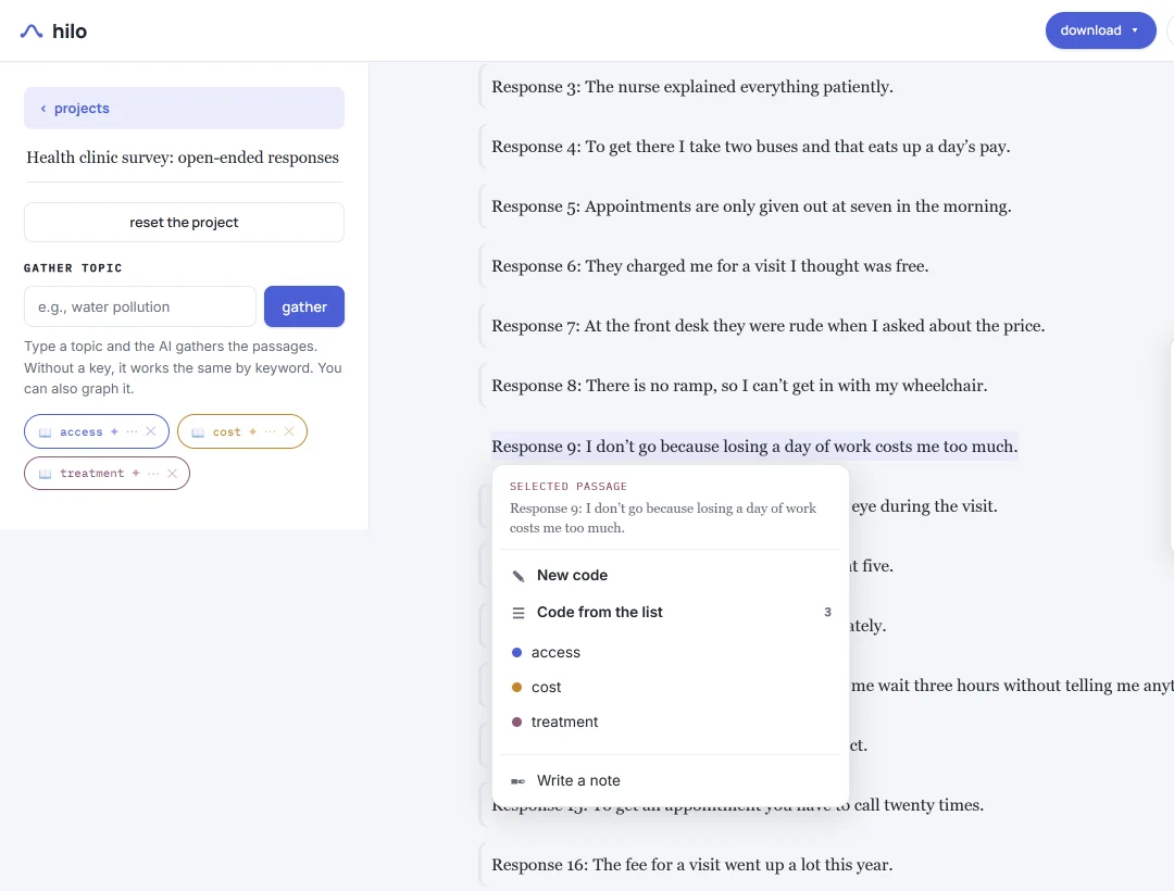 HILO screen with the survey responses: coder 1 has selected response 9 and the menu offers the three codes in the codebook, access, cost and treatment.