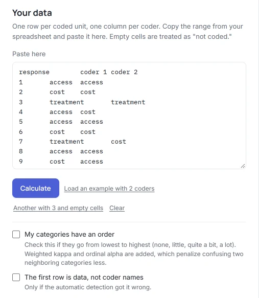 HILO’s kappa calculator with the example table pasted in: one column with the response number and one for each coder.