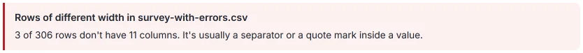 HILO notice after loading the example file: “Rows of different width”, with 3 of 306 rows that don’t have 11 columns.