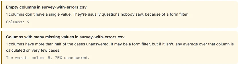 HILO notices “Empty columns” (1 column, number 9) and “Columns with many missing values” (the worst: column 8, 75% unanswered).