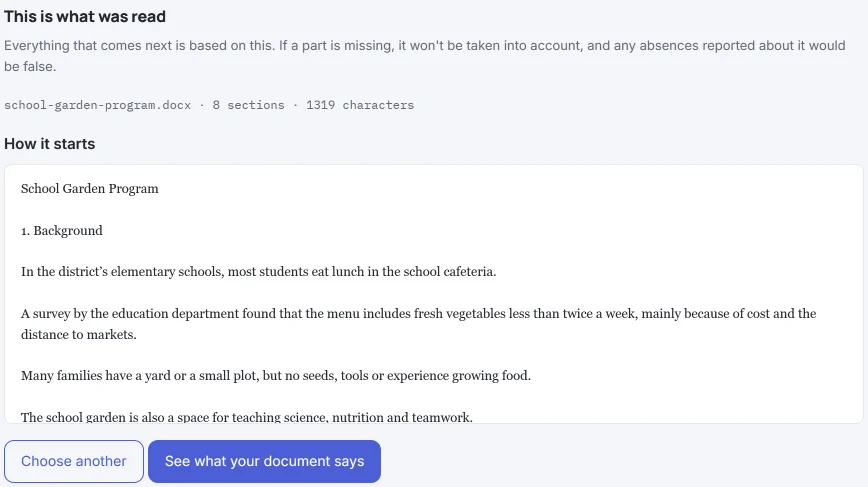 HILO’s “This is what was read” screen with the document of a fictional school garden program: the file name, 8 sections and 1319 characters, the start of the text and the “See what your document says” button.
