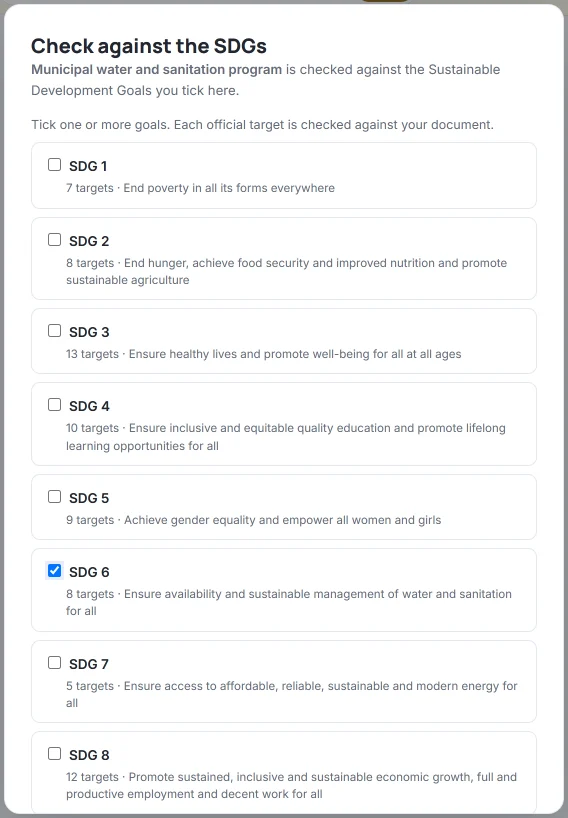 HILO “Check against the SDGs” screen with the fictional water and sanitation program: the list of goals from SDG 1 to SDG 8, with the number of targets in each, and SDG 6 (“8 targets · Ensure availability and sustainable management of water and sanitation for all”) ticked.