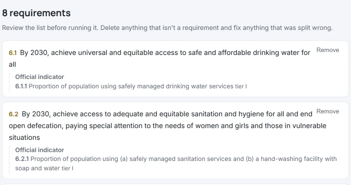 HILO “8 requirements” screen with the first two targets of SDG 6: 6.1 (universal access to safe drinking water) and 6.2 (sanitation and hygiene), each with its official indicator (6.1.1 and 6.2.1) and the “Remove” button.