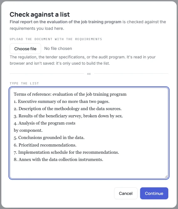 HILO “Check against a list” screen with the fictional consulting report open: the fictional terms of reference typed in the “Type the list” box (a heading and eight numbered requirements, the fourth on two lines) and the “Continue” button.
