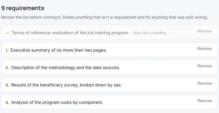 HILO “9 requirements” screen: the heading of the terms of reference with the “looks like a heading” tag and requirements 1 to 4 with their numbering, the fourth already joined into one line (“Analysis of the program costs by component.”), each with the “Remove” button.