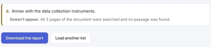 Requirement 8 in HILO’s result: “Doesn’t appear. All 3 pages of the document were searched and no passage was found”, and the “Download the report” and “Load another list” buttons.