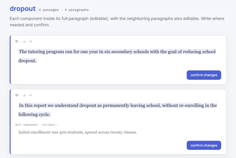 HILO screen with the example report: the topic “dropout” gathered 4 passages in 4 paragraphs; the first two are shown, with their approximate page and the next paragraph.