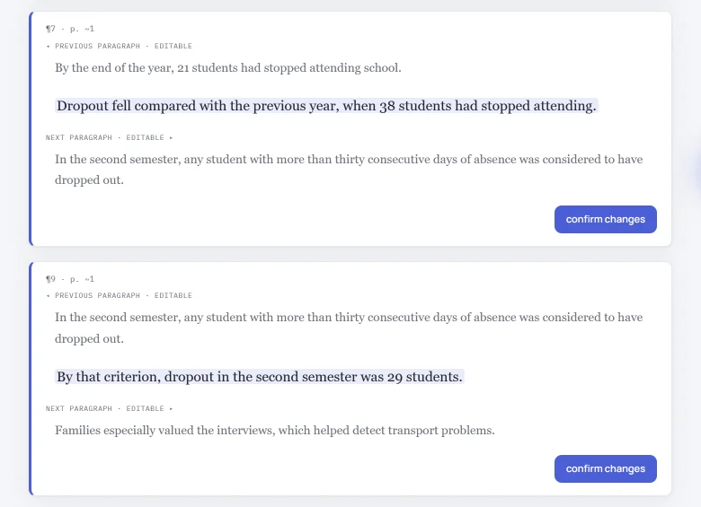 Two passages gathered in HILO, “Dropout fell compared with the previous year, when 38 students had stopped attending” and “By that criterion, dropout in the second semester was 29 students”, each with its approximate page and, in view as the neighboring paragraph of both, the one that sets the criterion: “In the second semester, any student with more than thirty consecutive days of absence was considered to have dropped out”.