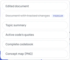 HILO’s “download” menu with “Edited document”, “Document with tracked changes”, marked Premium, and “Topic summary”.
