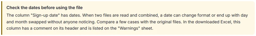 HILO warning “Check the dates before using the file” for the “Sign-up date” column of the joined file.