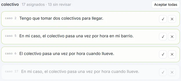 Respuestas de la categoría «colectivo» en HILO, con ✓ y ✕ en cada una: 17 asignados y 13 sin revisar; las primeras ya revisadas.
