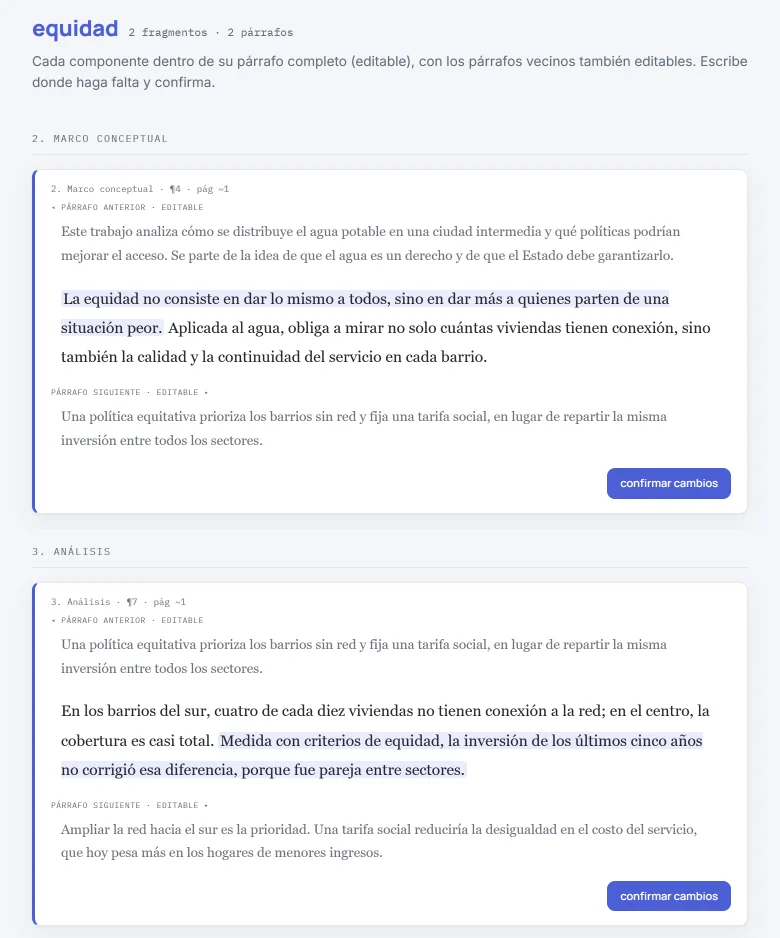 El concepto «equidad» reunido en el trabajo estudiante-1: 2 fragmentos en 2 párrafos, el del marco conceptual y el del análisis, cada uno con su párrafo anterior y siguiente y su página aproximada.