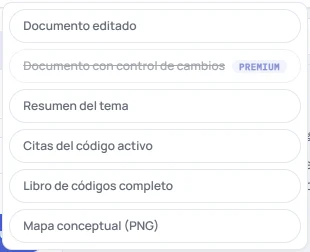 El menú «descargar» de HILO con «Documento editado», «Documento con control de cambios», con la marca Premium, «Resumen del tema», «Citas del código activo», «Libro de códigos completo» y «Mapa conceptual (PNG)».