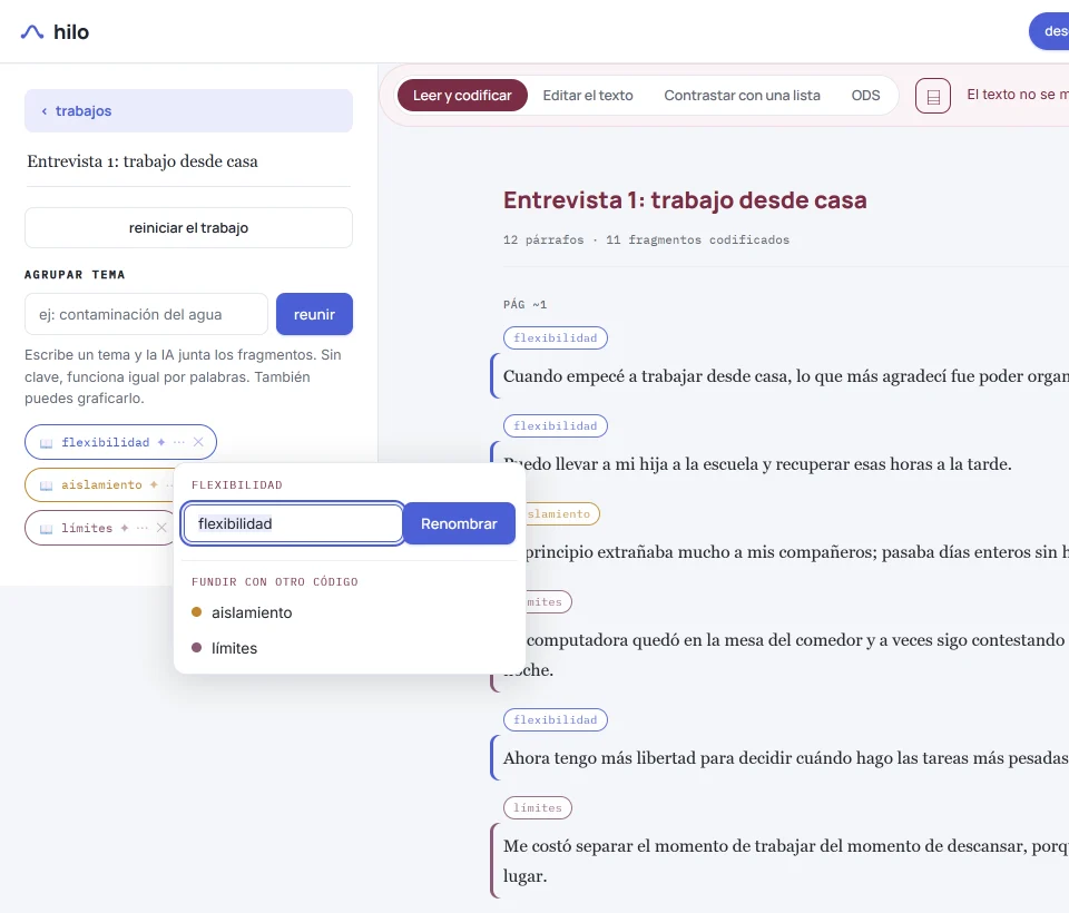 Menú de un código en HILO con las opciones «Renombrar» y «Fundir con otro código».