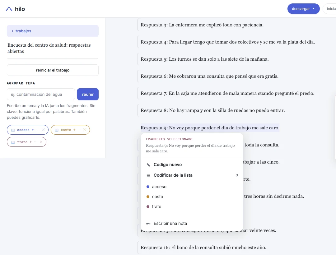 Pantalla de HILO con las respuestas de la encuesta: el codificador 1 seleccionó la respuesta 9 y el menú le ofrece los tres códigos del libro, acceso, costo y trato.