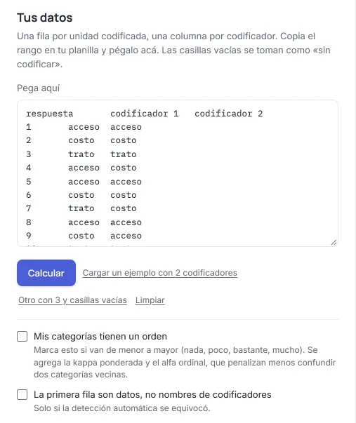 Calculadora de kappa de HILO con la tabla del ejemplo pegada: una columna con el número de respuesta y una por cada codificador.