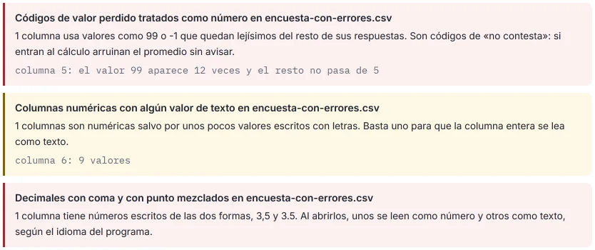 Avisos de HILO: «Códigos de valor perdido tratados como número» (columna 5: el valor 99 aparece 12 veces y el resto no pasa de 5), «Columnas numéricas con algún valor de texto» (columna 6: 9 valores) y «Decimales con coma y con punto mezclados».