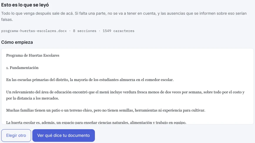 Pantalla «Esto es lo que se leyó» de HILO con el documento de un programa ficticio de huertas escolares: el nombre del archivo, 8 secciones y 1549 caracteres, el comienzo del texto y el botón «Ver qué dice tu documento».