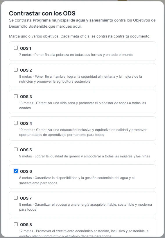 Pantalla «Contrastar con los ODS» de HILO con el programa ficticio de agua y saneamiento: la lista de objetivos del ODS 1 al ODS 8, con el número de metas de cada uno, y el ODS 6 («8 metas · Garantizar la disponibilidad y la gestión sostenible del agua y el saneamiento para todos») marcado.