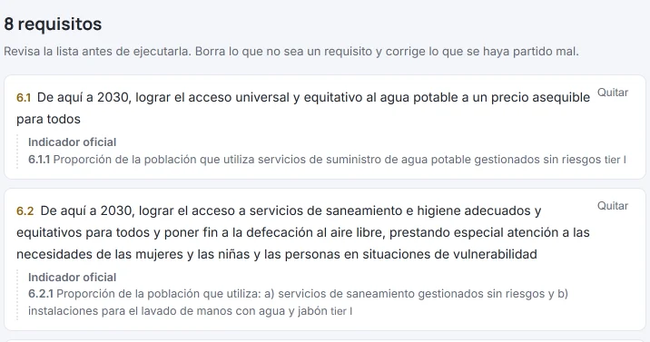 Pantalla «8 requisitos» de HILO con las dos primeras metas del ODS 6: la 6.1 (acceso universal al agua potable) y la 6.2 (saneamiento e higiene), cada una con su indicador oficial (6.1.1 y 6.2.1) y el botón «Quitar».