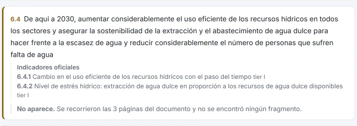 Meta 6.4 en el resultado de HILO: sus dos indicadores oficiales y el aviso «No aparece. Se recorrieron las 3 páginas del documento y no se encontró ningún fragmento».