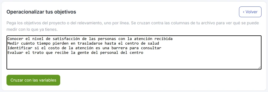 Pantalla «Operacionalizar tus objetivos» de HILO con cuatro objetivos escritos, uno por línea, y el botón «Cruzar con las variables».