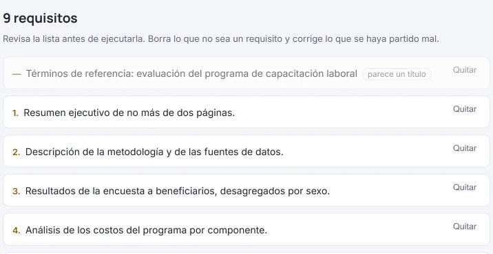 Pantalla «9 requisitos» de HILO: el título de los términos de referencia con la marca «parece un título» y los requisitos 1 a 4 con su numeración, el cuarto ya unido en un solo renglón («Análisis de los costos del programa por componente.»), cada uno con el botón «Quitar».