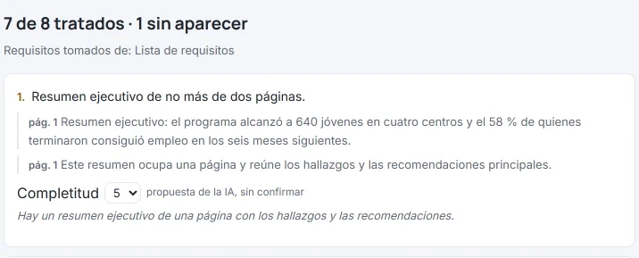 Resultado de HILO (respuesta simulada, con datos ficticios): «7 de 8 tratados · 1 sin aparecer» y el requisito 1 (resumen ejecutivo) con dos fragmentos del informe en la página 1 y la completitud propuesta por la IA, 5, sin confirmar.