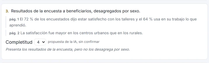 Requisito 3 en el resultado de HILO (respuesta simulada, con datos ficticios): dos fragmentos del informe (páginas 1 y 2), la completitud propuesta por la IA, 4, sin confirmar, y su fundamentación: «Presenta los resultados de la encuesta, pero no los desagrega por sexo».