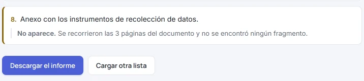 Requisito 8 en el resultado de HILO: «No aparece. Se recorrieron las 3 páginas del documento y no se encontró ningún fragmento», y los botones «Descargar el informe» y «Cargar otra lista».