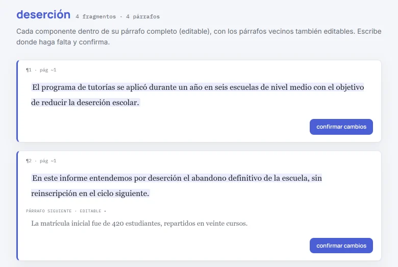 Pantalla de HILO con el informe de ejemplo: el tema «deserción» reunió 4 fragmentos en 4 párrafos; se ven los dos primeros, con su página aproximada y el párrafo siguiente.