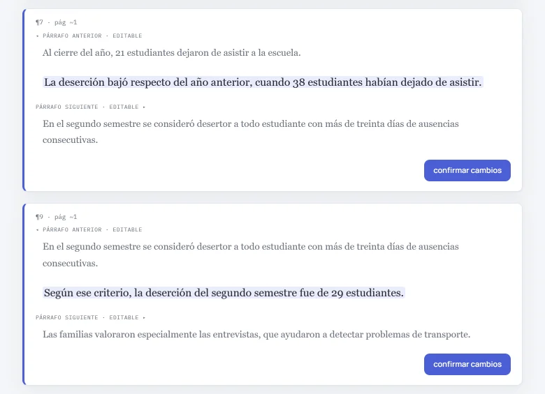 Dos fragmentos reunidos en HILO, «La deserción bajó respecto del año anterior, cuando 38 estudiantes habían dejado de asistir» y «Según ese criterio, la deserción del segundo semestre fue de 29 estudiantes», cada uno con su página aproximada y, a la vista como párrafo vecino de los dos, el que fija el criterio: «En el segundo semestre se consideró desertor a todo estudiante con más de treinta días de ausencias consecutivas».