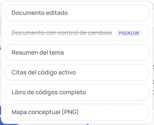 Menú «descargar» de HILO con «Documento editado», «Documento con control de cambios», con la marca Premium, y «Resumen del tema».