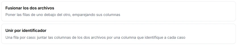 Pantalla de HILO con dos archivos cargados: las acciones «Fusionar los dos archivos» y «Unir por identificador».