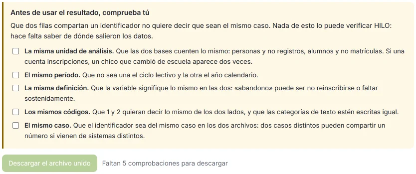 Recuadro «Antes de usar el resultado, comprueba tú» de la unión por identificador, con cinco comprobaciones sin marcar, y el botón de descarga apagado: «Faltan 5 comprobaciones para descargar».