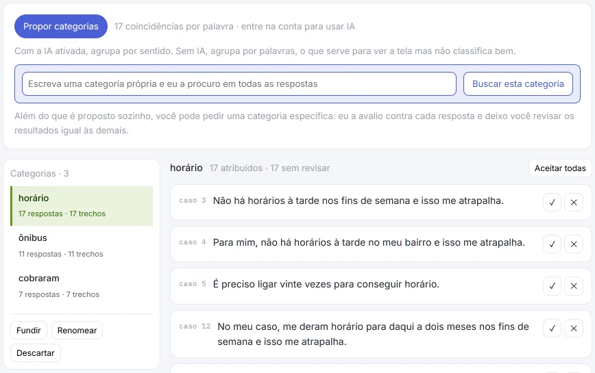HILO sem IA: três categorias escritas pela pessoa e buscadas por palavra, horário (17 respostas), ônibus (11) e cobraram (7), com «17 coincidências por palavra · faça login para usar IA».
