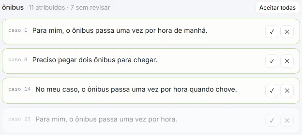 Respostas da categoria «ônibus» no HILO, com ✓ e ✕ em cada uma: 11 atribuídos e 7 sem revisar; as primeiras já revisadas.