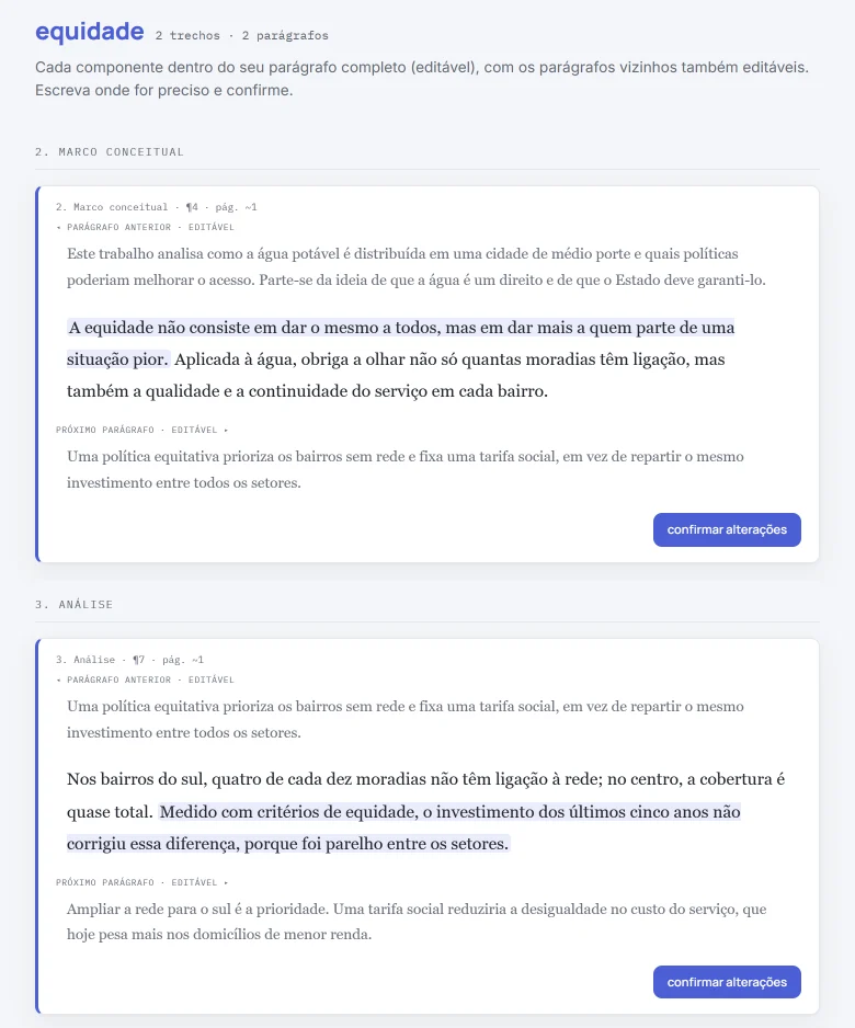 O conceito «equidade» reunido no trabalho estudante-1: 2 trechos em 2 parágrafos, o do marco conceitual e o da análise, cada um com o parágrafo anterior e o seguinte e a sua página aproximada.