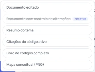 O menu «baixar» do HILO com «Documento editado», «Documento com controle de alterações», com a marca Premium, «Resumo do tema», «Citações do código ativo», «Livro de códigos completo» e «Mapa conceitual (PNG)».