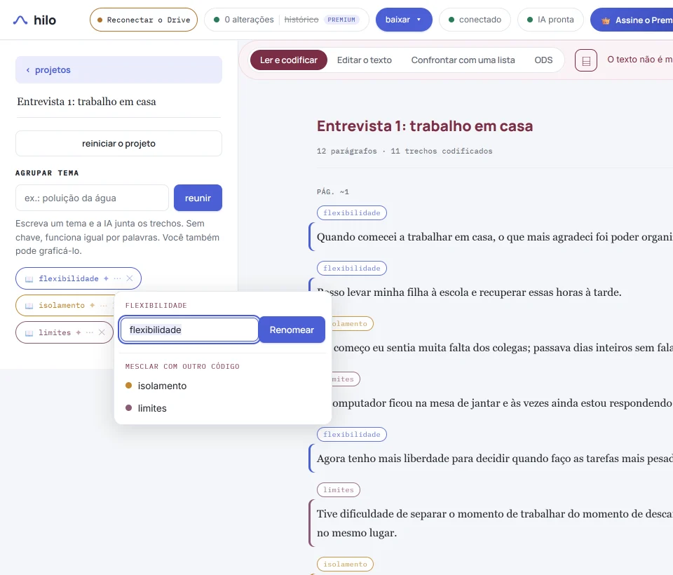 Menu de um código no HILO com as opções «Renomear» e «Mesclar com outro código».