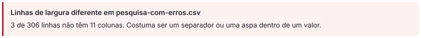 Aviso do HILO ao carregar a base de exemplo: «Linhas de largura diferente», com 3 de 306 linhas que não têm 11 colunas.