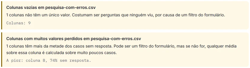 Avisos do HILO «Colunas vazias» (1 coluna, a 9) e «Colunas com muitos valores perdidos» (a pior: coluna 8, 74% sem resposta).