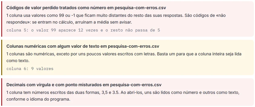Avisos do HILO: «Códigos de valor perdido tratados como número» (coluna 5: o valor 99 aparece 12 vezes e o resto não passa de 5), «Colunas numéricas com algum valor de texto» (coluna 6: 9 valores) e «Decimais com vírgula e com ponto misturados».
