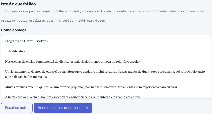 Tela «Isto é o que foi lido» do HILO com o documento de um programa fictício de hortas escolares: o nome do arquivo, 8 seções e 1498 caracteres, o começo do texto e o botão «Ver o que o seu documento diz».