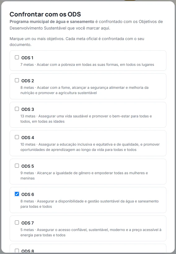 Tela «Confrontar com os ODS» do HILO com o programa fictício de água e saneamento: a lista de objetivos do ODS 1 ao ODS 8, com o número de metas de cada um, e o ODS 6 («8 metas · Assegurar a disponibilidade e gestão sustentável da água e saneamento para todas e todos») marcado.