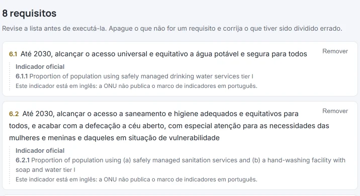 Tela «8 requisitos» do HILO com as duas primeiras metas do ODS 6: a 6.1 (acesso universal à água potável) e a 6.2 (saneamento e higiene), cada uma com o seu indicador oficial, em inglês (6.1.1 e 6.2.1) e o botão «Remover».